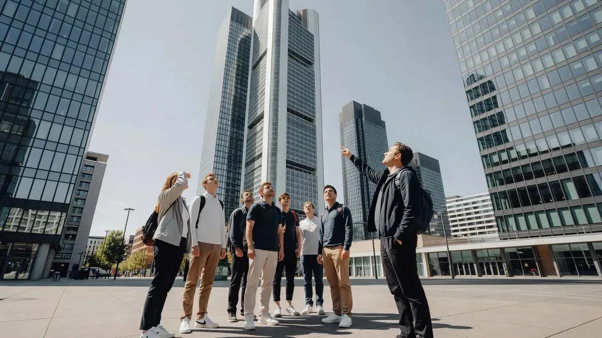 Glass skyscrapers of the banking district beside the old town on a frankfurt city tour in Frankfurt am Main