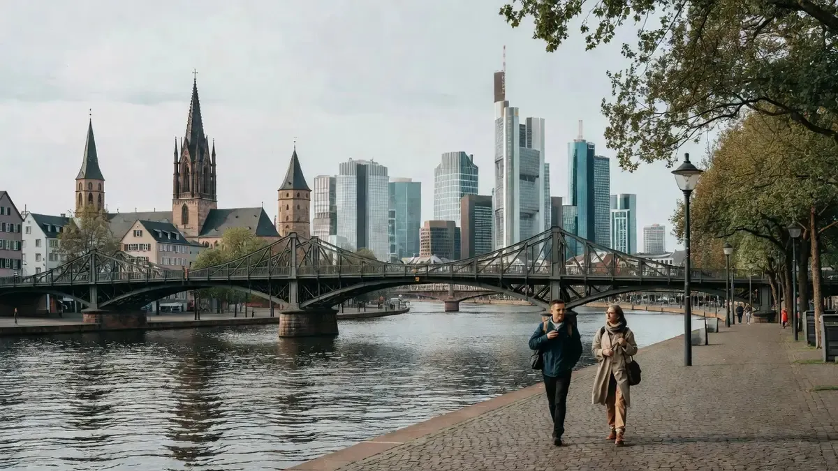 The Eiserner Steg footbridge over the river Main with the skyline beyond on a frankfurt city tour in Frankfurt am Main