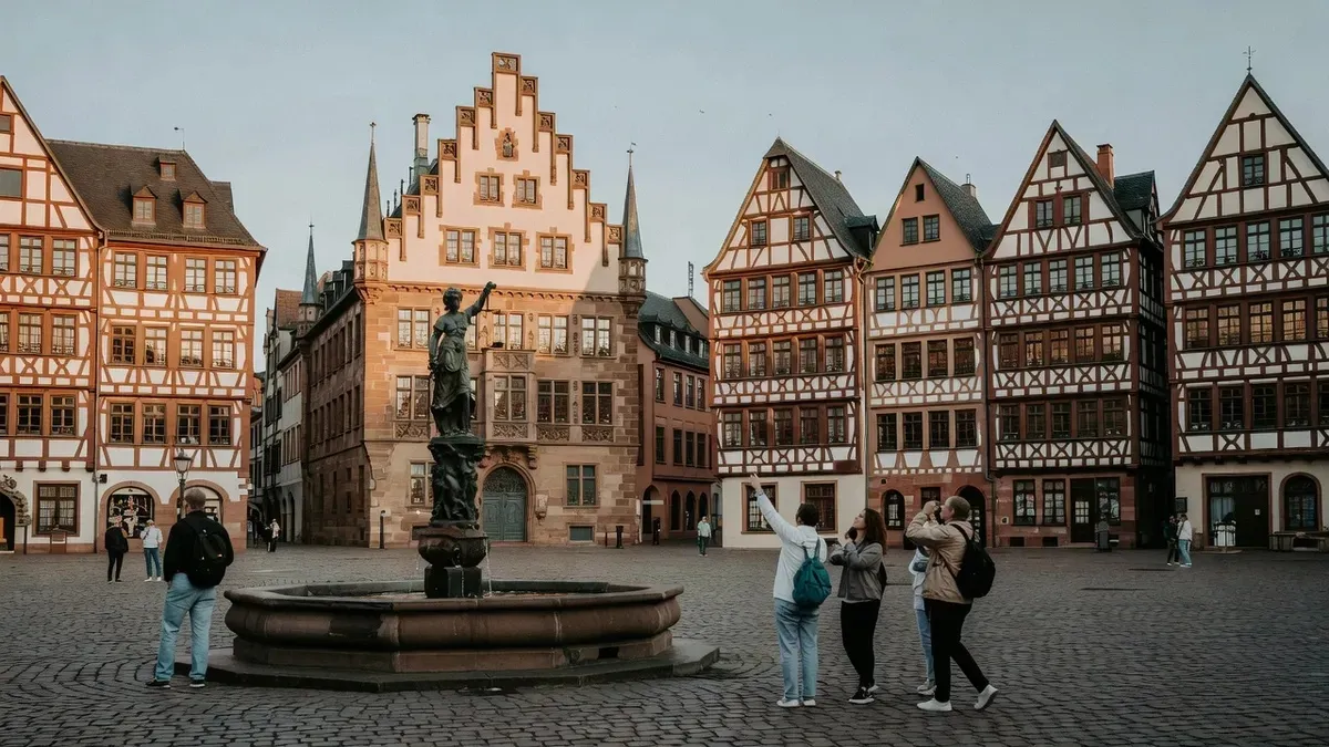 Half-timbered houses and the Römer city hall on the Römerberg square on a frankfurt city tour in Frankfurt am Main